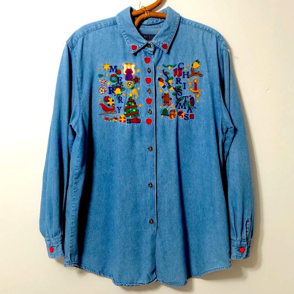 Karen Scott Shirt Top Christmas Embroidered Jean 100% Cotton Size Large